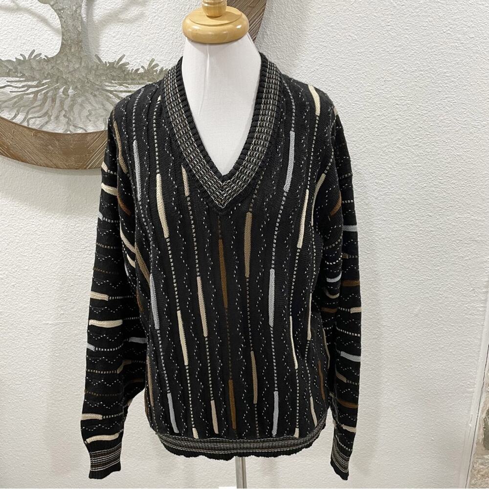 NWT Vintage Alan Stuart V Neck 3D Textured Sweater Deadstock Black Brown Medium
